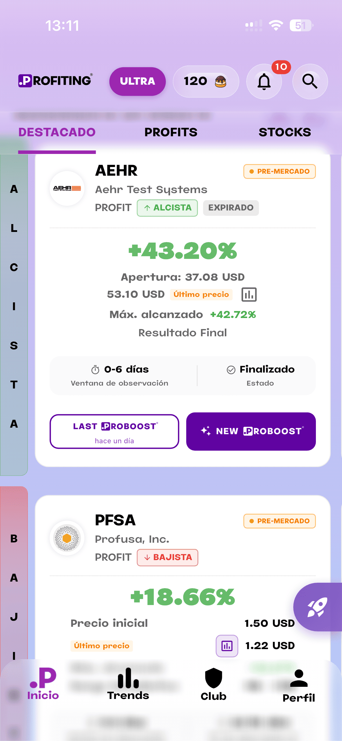 Profiting app showing real-time stock market moves and trading alerts