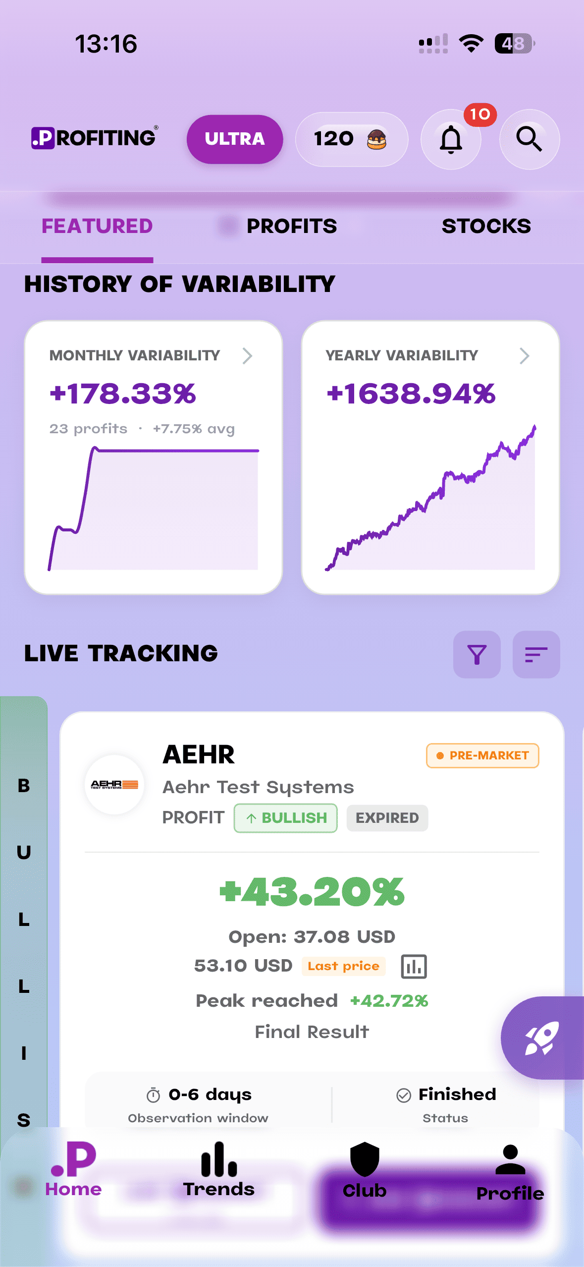 Profiting app showing real-time stock market moves and trading alerts